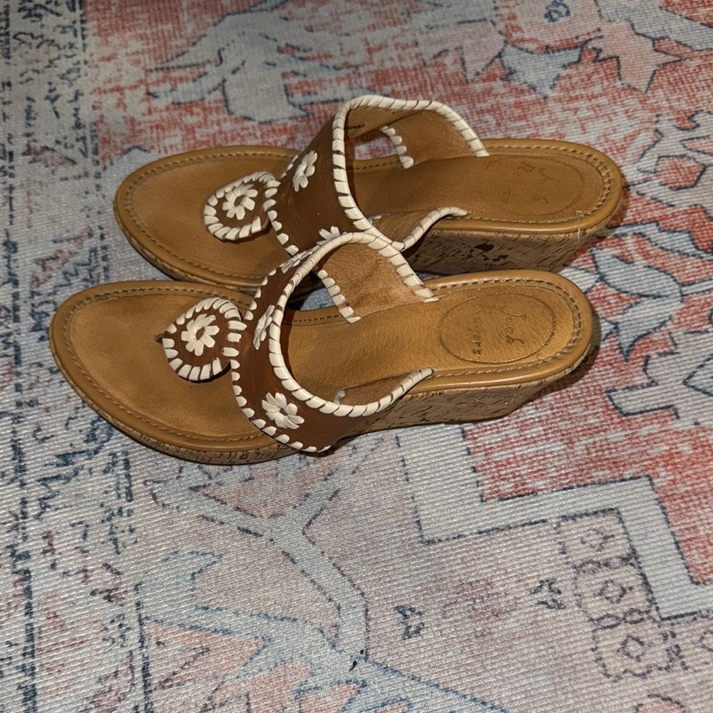 Jack Rogers Tan and Cream Wedge Sandals